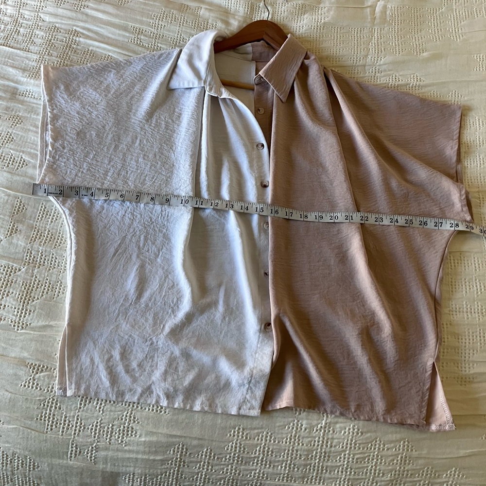 SHEIN White and Tan Color-block Dolman Short Sleeve Button Down Size L (L-XXL) - Picture 9 of 12